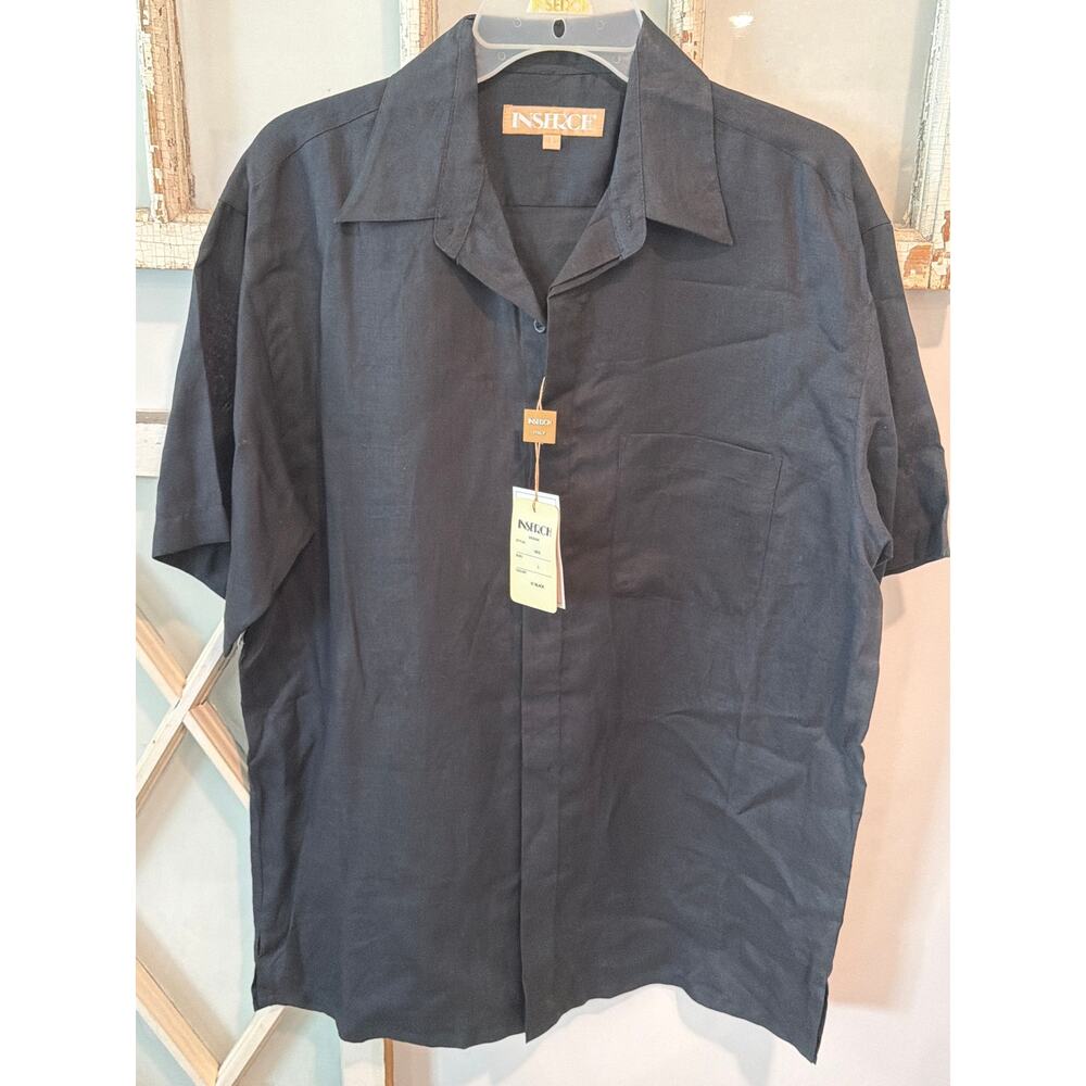 NWT Inserch size large black linen short sleeve shirt